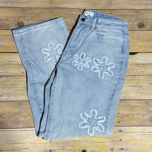 Harper Light Blue Floral Appliqué Straight-Leg Jeans